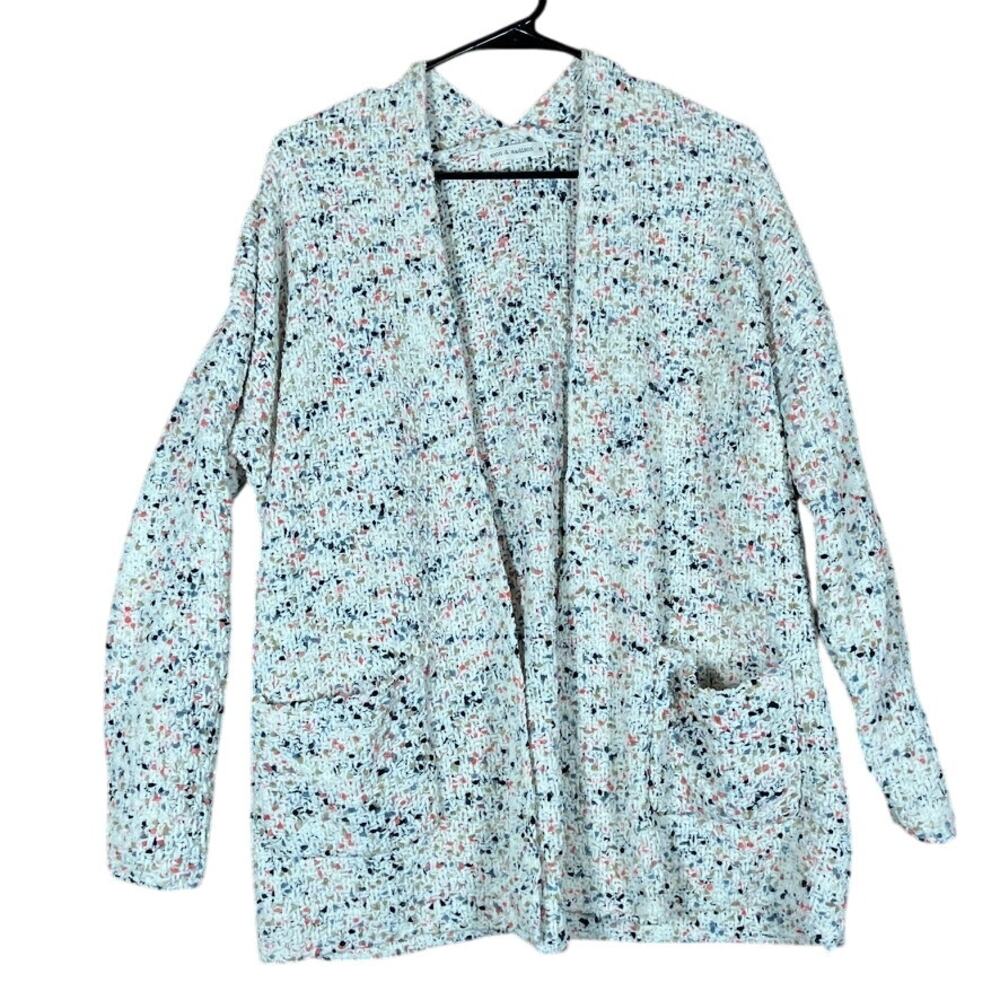 Moon & Madison Womens Sweater White Open Front Multi Speckled Knit Cardigan M